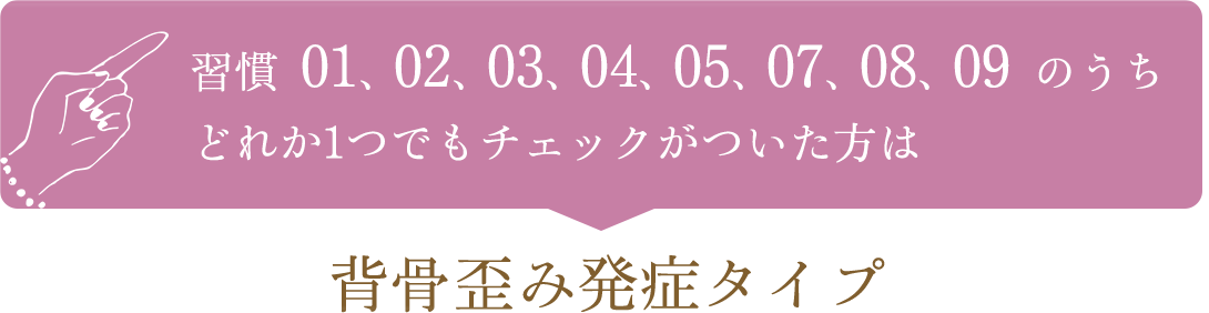 習慣01、02、03、04、05、07、08、09のうちどれか1つでもチェックがついた方は背骨歪み発症タイプ